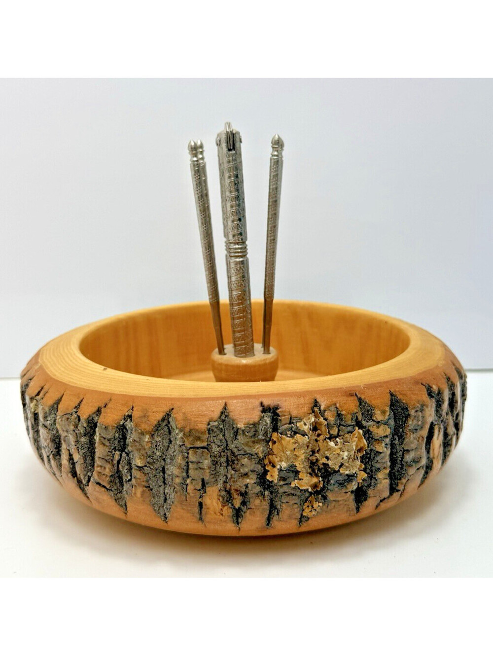 Vtg Wood Nut Bowl Nutcracker Picks Rustic Bark Handcrafted 8" Barware